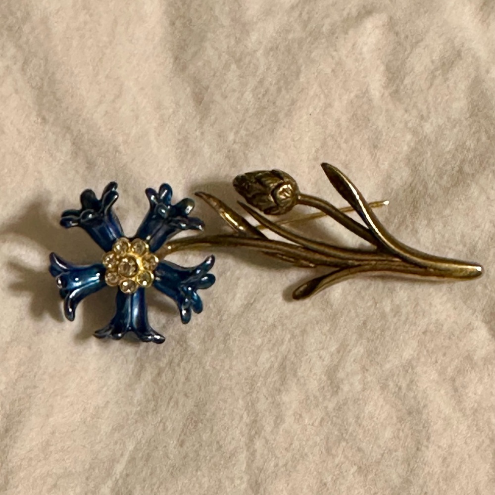 Vintage MMA VMFA Faberge Cornflower Brooch Pin 24K Gold Plate Enamel